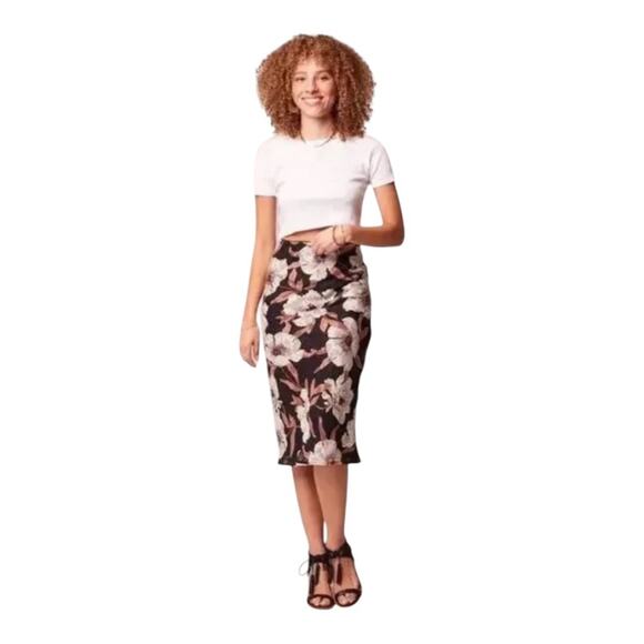 Band of Gypsies BOG Collective NWT Black Cream Foil Floral Slip Midi Skirt SZ XS - Picture 1 of 16